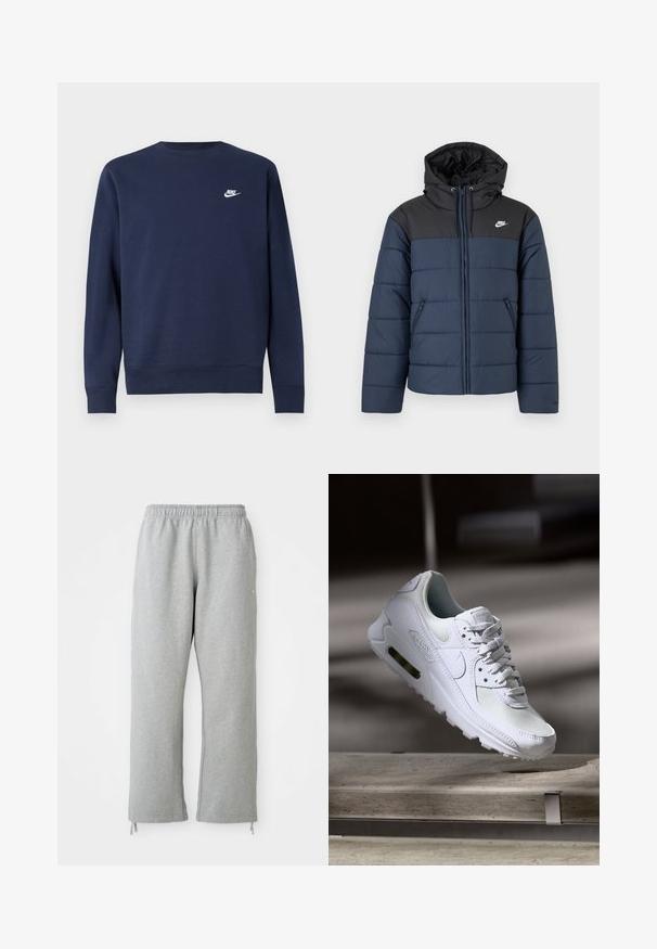 Chaqueta acolchada Nike azul marino y negra con capucha, cremallera frontal, bolsillos laterales con cremallera y logo blanco de Nike en el pecho.; Sudadera azul marino hecha de tela suave, con cuello redondo y mangas largas, con un pequeño logo blanco de Nike en el pecho.; Pantalones de chándal grises con una cintura elástica, piernas rectas y detalles de cordones en el dobladillo. Fabricados en una suave tela texturizada.; Zapatilla Nike Air Max 90 blanca con parte superior de malla y cuero, caja de puntera perforada y unidad de aire visible en el talón.