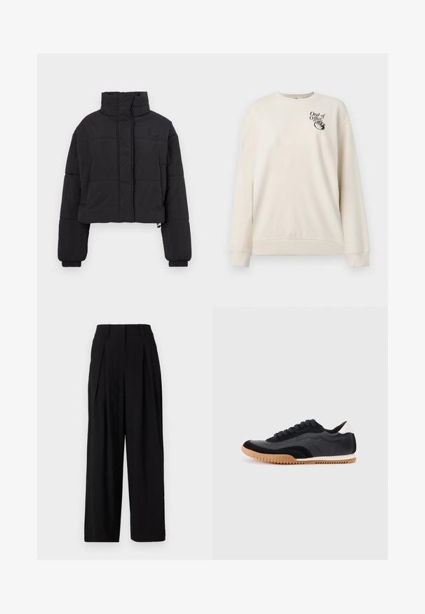 Veste noire courte en duvet avec col montant, présentant des sections matelassées, des poignets élastiques et un petit logo sur la poitrine.; Sweat-shirt à manches longues couleur crème avec poignets et ourlet côtelés, arborant le texte "Out of Office" et un graphique de téléphone vintage sur la poitrine.; Pantalons larges noirs en tissu lisse, dotés d'une taille haute, de plis à l'avant et d'une silhouette fluide.; Chaussures de sport noires et grises en matériaux synthétiques, avec un embout noir texturé, une semelle en caoutchouc rainurée et un accent blanc au talon.