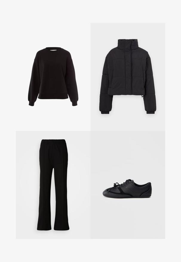Chaqueta de abrigo negra recortada con un alto cuello, con secciones acolchadas, puños elásticos y un pequeño logotipo en el pecho.; Sudadera negra hecha de material suave, con cuello redondo, hombros caídos y puños acanalados, con un diseño de corte relajado.; Pantalones negros de cintura elástica con un diseño acampanado, que presentan líneas limpias y sin adornos visibles. Fabricados con una tela suave y elástica.; Zapatilla negra de perfil bajo con cordones, acabado liso y brillante, costuras mínimas y suela plana sobre un fondo liso.