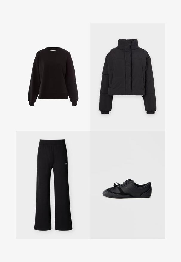 Chaqueta de abrigo negra recortada con un alto cuello, con secciones acolchadas, puños elásticos y un pequeño logotipo en el pecho.; Sudadera negra hecha de material suave, con cuello redondo, hombros caídos y puños acanalados, con un diseño de corte relajado.; Pantalones negros de pierna ancha con cinturilla elástica y pequeño detalle blanco de la firma en la parte superior del muslo izquierdo, exhibidos sobre un fondo liso.; Zapatilla negra de perfil bajo con cordones, acabado liso y brillante, costuras mínimas y suela plana sobre un fondo liso.