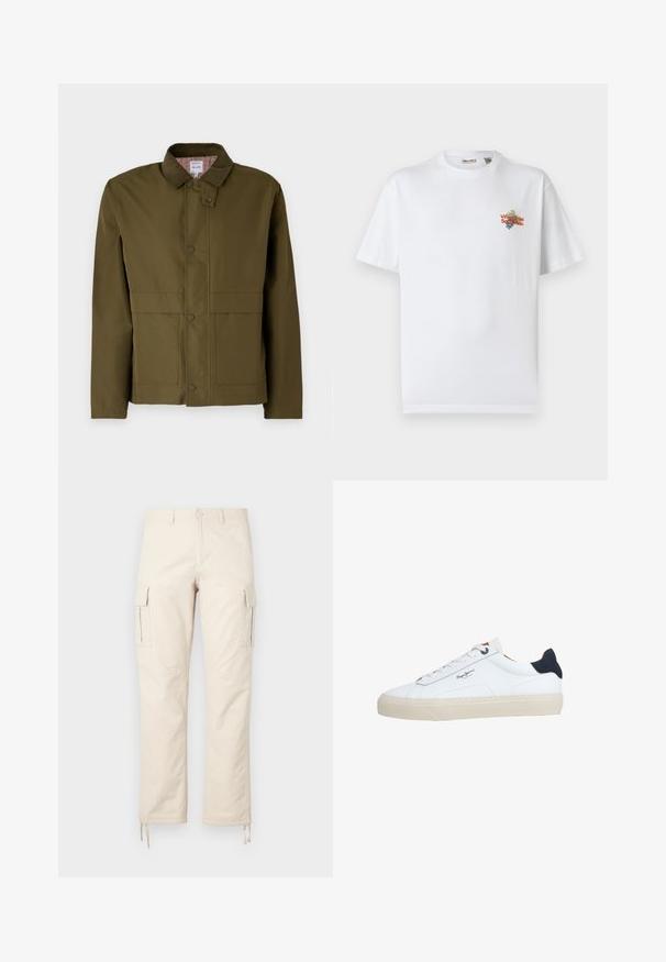 Oliven grøn jakke med et kordfløjlskrave, trykknapper, to frontlommer og et ternet for. Klassisk, struktureret design.; Hvid t-shirt med korte ærmer med lille orange tekst "Viñedos del Sol Dorado" og en vindruegren grafik på venstre bryst.; Beige cargo bukser lavet af bomuldsblanding. Funktioner inkluderer to sidelommer, en lige ben design og justerbare snore i kanten.; Hvid lavtop-sneaker med beige sål, hvide snørebånd, sort hælkappe og "Pepe Jeans London"-logo på siden.