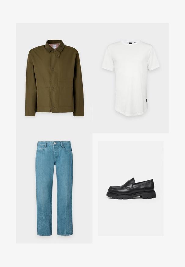 Olivgrüne Jacke mit einem Cordkragen, Druckknöpfen, zwei Fronttaschen und einem karierten Innenfutter. Klassisches, strukturiertes Design.; Weißes T-Shirt mit kurzen Ärmeln aus Baumwolle, mit Rundhalsausschnitt und einem leicht verlängerten Rückenteil, sowie einem kleinen Logo-Akzent an der Seite.; Hellblaue Jeans aus Denim mit geradem Bein, ausgestattet mit fünf Taschen, Gürtelschlaufen und einem Knopfverschluss. Glatte Textur mit subtilen Verblassungen.; Schwarzer Lederloafer mit dicker, profilierter Sohle und Pennyriemen-Detail, von der rechten Seitenansicht auf weißem Hintergrund gezeigt.