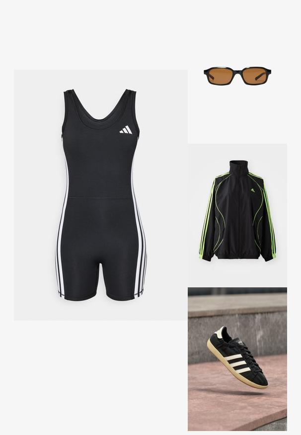 adidas Originals TEAMGEIST ADICOLOR - Veste mi-saison - black/signal green; adidas Performance ONESIE - Combinaison d'échauffement - black/white; Baskets Adidas noires avec des bandes blanches et une semelle beige, capturées en plein air au-dessus d'une surface en pierre et d'un mur en pierre en arrière-plan.; Lunettes de soleil rectangulaires noires avec des montures épaisses et des verres teintés marron, vues de face sur un fond blanc.
