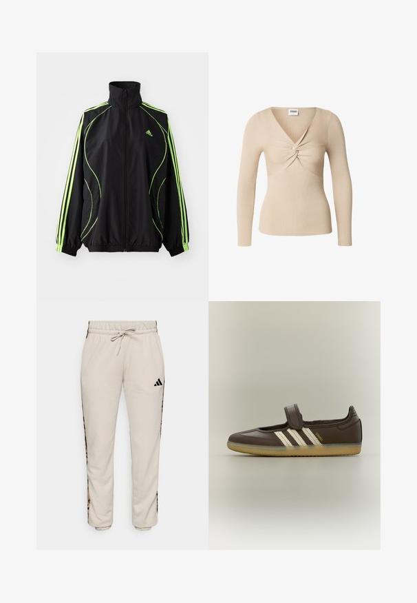adidas Originals TEAMGEIST ADICOLOR - Ľahká bunda - black/signal green; Béžové rebrované pletené tričko s dlhými rukávmi a detailom skrúteného uzla na výstrihu do V.; Svetlobéžové tepláky vyrobené z mäkkej tkaniny, s pásom na šnúrku a čiernymi bočnými panelmi s leopardím vzorom.; Hnedá topánka Adidas Samba s bielymi pruhmi, gumovou podrážkou a jedným pásikom na suchý zips hore, zobrazená z bočného profilu.