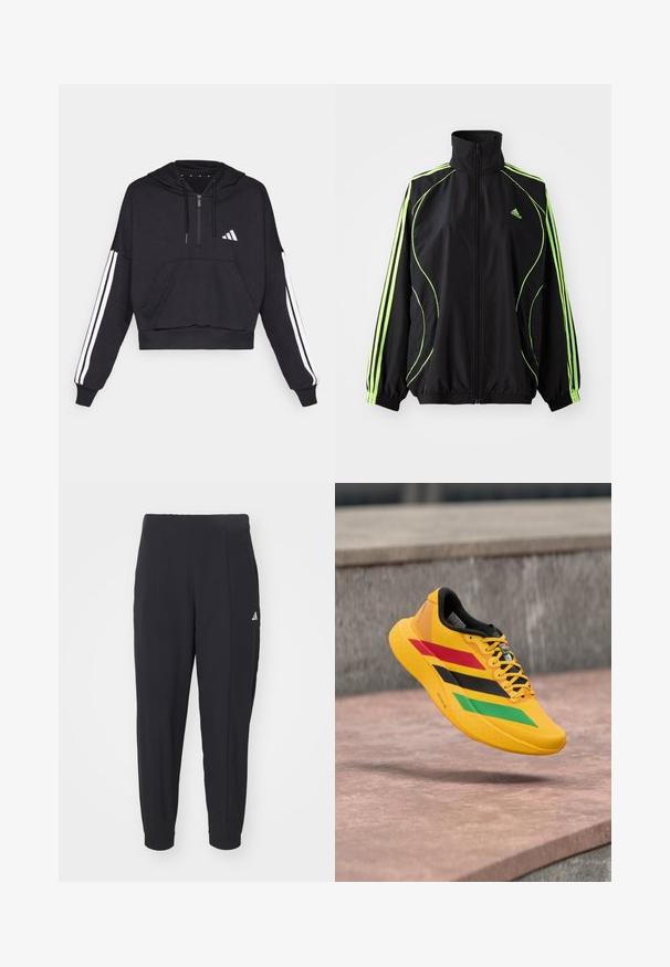 adidas Originals TEAMGEIST ADICOLOR - Välikausitakki - black/signal green; Mustaharjattu huppari, joka on valmistettu pehmeästä kankaasta. Siinä on etutasku, vetoketjusulku ja valkoiset raidat hihoissa sekä logo rinnassa.; Mustat urheiluhousut, jotka on valmistettu sileästä kankaasta. Kapeneva malli ja joustavat hihansuut. Vasemmassa lantiossa pieni valkoinen logo.; Keltainen juoksukenkä, jossa on punaiset, mustat ja vihreät raidat, musta sisäpinta ja keltaiset nauhat, leijuu kiven päällä ulkona.