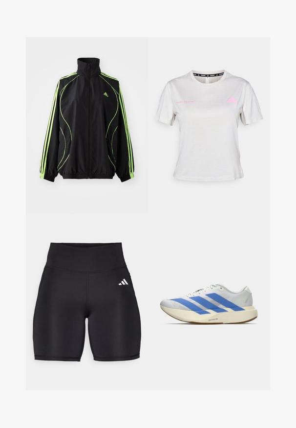 adidas Originals TEAMGEIST ADICOLOR - Übergangsjacke - black/signal green; Hellgraues kurzärmliges T-Shirt mit Rundhalsausschnitt, bedruckt mit "ADIDAS RUNNING" in Pink und pinkem Adidas-Logo auf der Brust. Weicher Stoff.; Schwarze Sportshorts aus elastischem Material, mit hohem Bund, glatter Textur und einem weißen Dreistreifen-Logo an der Seite.; Weißer Laufschuh mit drei blauen Streifen, hellbeiger dicker Sohle mit der Aufschrift "Lightstrike Pro," und weißen Schnürsenkeln vor einfachem Hintergrund.