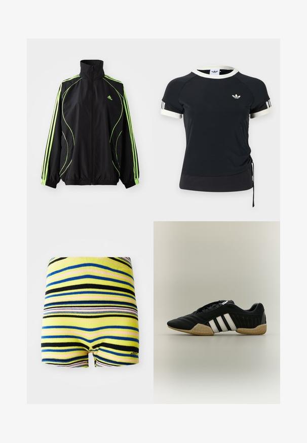 adidas Originals TEAMGEIST ADICOLOR - Kerge jope - black/signal green; Must athletikapluus valge krae ja varrukatega, rinnal logoga ning külgedel nöörid kohandatava sobivuse jaoks.; Ribadega lühikesed püksid, millel on kollased, sinised, mustad ja roosad horisontaalsed triibud. Pehme kangas, elastne vöökoht ja lõigatud jalgade äärised.; Must spordijalats valgete triipude ja beežika tekstuuriga tallaga neutraalsel taustal, nähtud külgprofiilis.