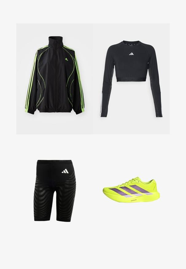 adidas Originals TEAMGEIST ADICOLOR - Veste mi-saison - black/signal green; Haut d'entraînement noir à manches longues et coupé, en tissu lisse. Présente un logo blanc sur la poitrine et des accents rayés sur les manches.; Shorts de sport noirs avec un design texturé comprenant des rayures ondulées. Logo blanc sur la ceinture, fabriqués en matériau évacuant l'humidité.; Chaussure de course jaune vif avec des rayures violettes et une semelle épaisse portant la mention « Lightstrike Pro » sur fond blanc.