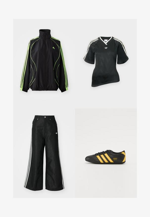 adidas Originals TEAMGEIST ADICOLOR - Jas - black/signal green; Zwart sportshirt met V-hals, korte mouwen en een textuur met een chevronpatroon. Voorzien van witte drie-strepen accenten op de schouders en een logo.; Zwarte denim broek met wijde pijpen, voorzien van drie witte strepen aan elke zijkant en een klein wit logo. Heeft voorzakken en een knoopsluiting.; Zwarte leren sportschoen met geel drie-strepen ontwerp, ronde neus, zwarte veters en klein logo aan de zijkant. Laag profiel silhouet.