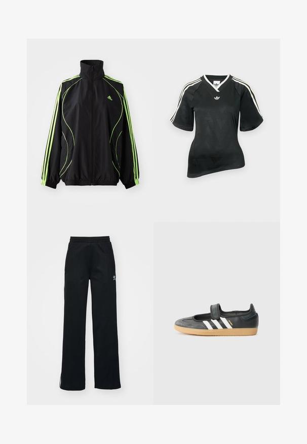 adidas Originals TEAMGEIST ADICOLOR - Kerge jope - black/signal green; Mustast spordipluusist T-särk V-kaelusega, lühikeste varrukatega ja tekstuurse chevron-mustriga. Õlgadel valged kolme triibu aktsendid ja logo.; Mustad mustat spordipüksid, vabalt istuv, paelaga talje, külgedel lukuga taskud ja vasakul jalal diskreetne valge brändimine.; Mustmust ja sametist sneaker, millel on Velcro rihm, kolm valget triipu ja kummi tallad, küljel on silt "SAMBA".