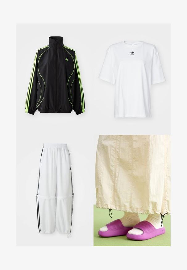 adidas Originals TEAMGEIST ADICOLOR - Overgangsjakke - black/signal green; Hvid kortærmet t-shirt lavet af bomuld. Har en rund halsudskæring og et lille sort Adidas-logo på brystet. Lige skåret kant.; Hvide sportbukser med en afslappet pasform, elastisk talje og sorte sidelæg. Har lynlåslommer og elastiske afslutninger ved anklerne.; Lilla gummisandaler med et tekstureret bånddesign, båret over cremefarvede sokker, parret med en lys beige nederdel. Grønne gulv.