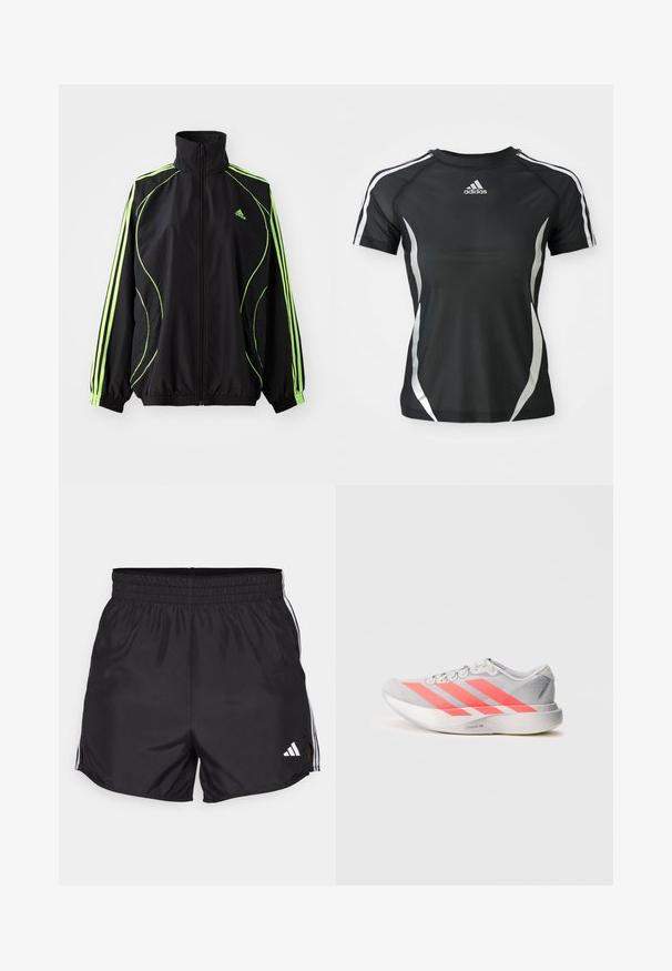 adidas Originals TEAMGEIST ADICOLOR - Overgangsjakke - black/signal green; Sort Adidas atletisk T-shirt med korte ærmer, hvide striber på skuldrene og sølvfarvede buede detaljer på siderne.; Sort atletiske shorts med elastisk talje, sideslids og hvide tre-stribes detaljer. Har et lille hvidt logo nederst til højre.; Grå atletisk sko med lysende pink striber, letvægts mesh-overdel, reflekterende accenter og tekstureret sål for greb.