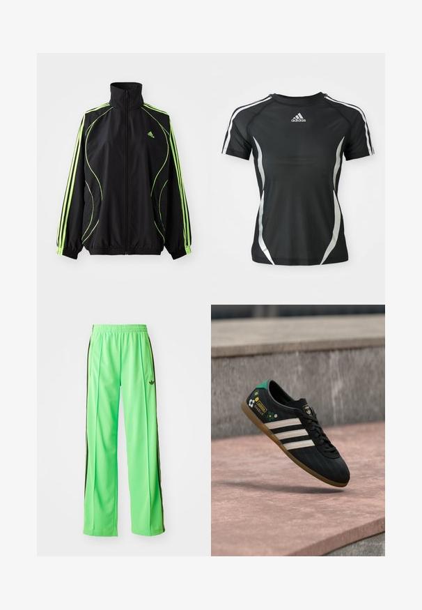 adidas Originals TEAMGEIST ADICOLOR - Overgangsjakke - black/signal green; Sort Adidas atletisk T-shirt med korte ærmer, hvide striber på skuldrene og sølvfarvede buede detaljer på siderne.; Grønne atletiske bukser lavet af glat, let materiale, med sorte sidestriber og et broderet logo på fronten.; Sort atletiksko med hvide striber, mønstret overdel med blomsterdetaljer og en grøn hæl. Gummisål, der giver godt greb.