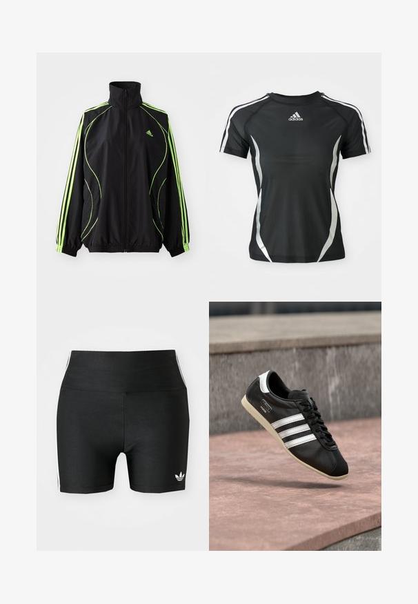 adidas Originals TEAMGEIST ADICOLOR - Übergangsjacke - black/signal green; Schwarzes Adidas Sport-T-Shirt mit kurzen Ärmeln, weißen Streifen an den Schultern und silbernen gewölbten Akzenten an den Seiten.; Schwarze Sportshorts aus einem dehnbaren Stoff mit hoher Taille. Sie verfügen über weiße Seitenstreifen und ein kleines weißes Logo am Saum.; Schwarzer Ledersneaker mit weißen Streifen und Sohle, geschnürt, schwebt über einer rosa gefärbten Betontfläche vor einer grauen Steinmauer im Hintergrund.