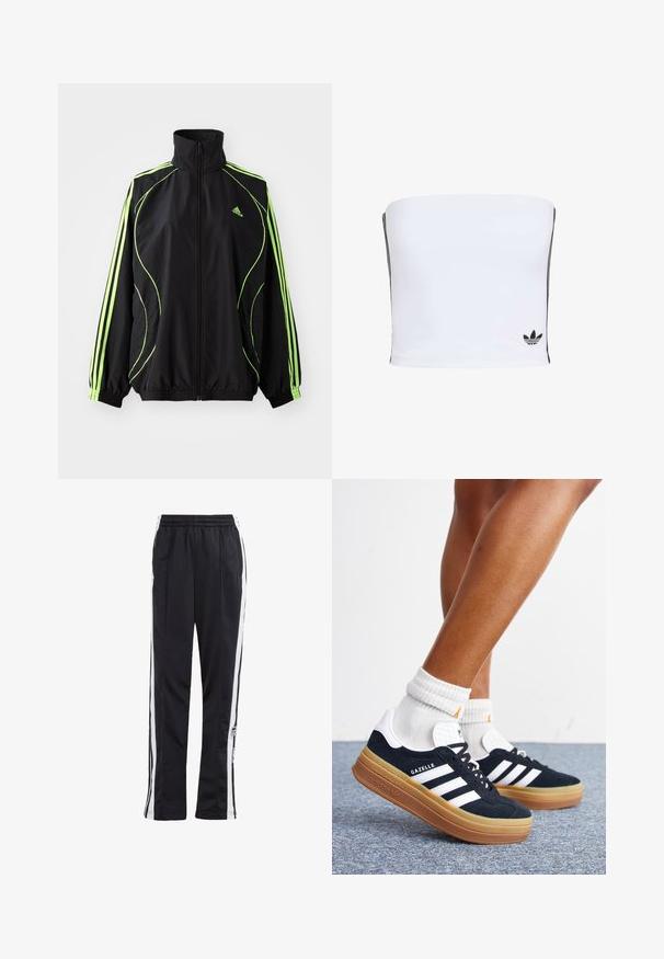 adidas Originals TEAMGEIST ADICOLOR - Ľahká bunda - black/signal green; Biely bandeau top vyrobený z elastického materiálu. Obsahuje čierne bočné pruhy a malé čierne logo na okraji. Hladká textúra.; Čierne tepláky so bielymi bočnými pruhmi, elastickým pásom a logom. Vyrobené z hladkej, ľahkej tkaniny. Rovný strih.; Nohy v bielych ponožkách a čiernych teniskách Adidas Gazelle s bielymi pruhmi a hrubými hnedými podrážkami na sivom koberci.