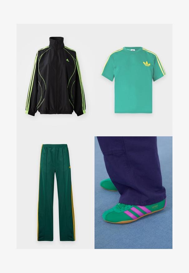 adidas Originals TEAMGEIST ADICOLOR - Veste mi-saison - black/signal green; T-shirt en coton vert à manches courtes, avec des rayures jaunes le long des épaules et un logo brodé à trois feuilles sur la poitrine.; Pantalon de sport vert avec bandes latérales jaunes, taille élastique et deux poches latérales. Fabriqué en matériau lisse et léger.; Des chaussures de sport en suede vert et violet avec trois accents rayés et une semelle en gomme, assorties à un pantalon violet, sur une surface bleue douce.