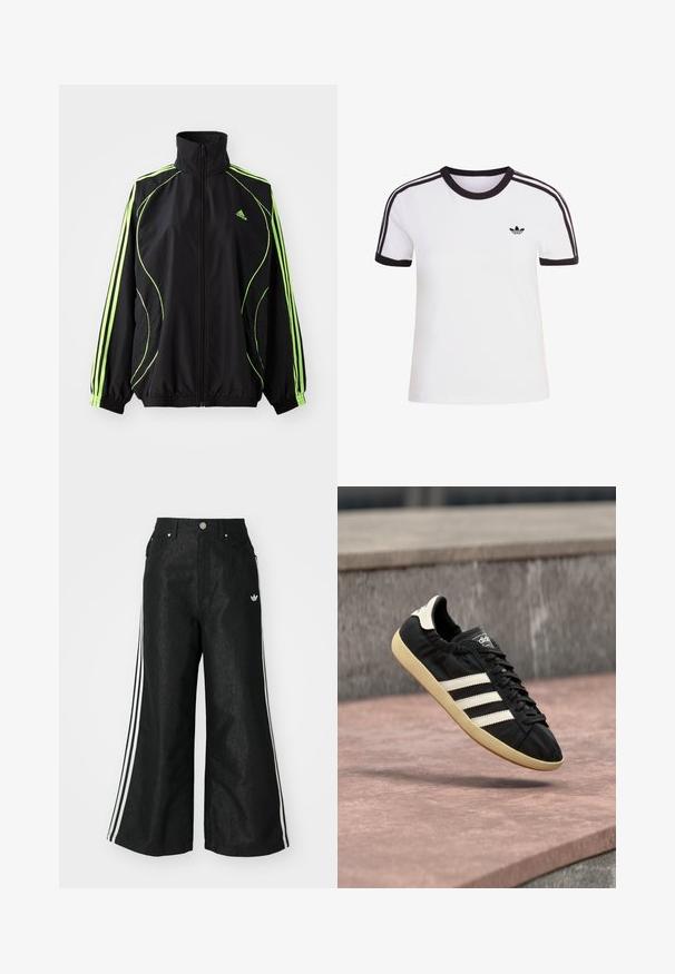 adidas Originals TEAMGEIST ADICOLOR - Ľahká bunda - black/signal green; Biele tričko s krátkym rukávom s čiernymi detailmi, s okrúhlym výstrihom a tromi čiernymi pruhmi na každom ramene. Malé čierne logo na hrudi.; Čierne džínsy s širokým strihom, s tromi bielymi pruhmi po stranách a malým bielym logom. Obsahujú predné vrecká a zapínanie na gombík.; Čierna teniska Adidas s bielymi pruhmi a béžovou podrážkou, zachytená vo vzduchu nad kamenným povrchom a kamennou stenou v pozadí.