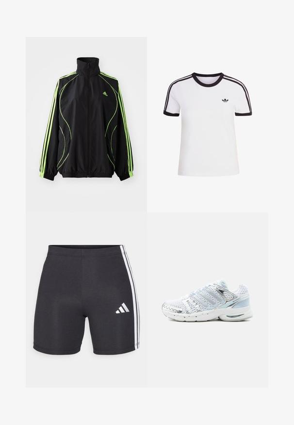 adidas Originals TEAMGEIST ADICOLOR - Kerge jope - black/signal green; Valge lühikeste varrukatega T-särk mustade detailidega, ümmarguse kaelusega ja kolme musta triibuga kummalgi õlal. Väike must logo rinnal.; Mustandist valmistatud sportlikud lühikesed püksid, millel on veniv kangas, valged külgtriibud ja Adidas logo paremas alumises jalas. Sile tekstuur.; Valge ja hõbedane spordijalats võrkmaterjalist pealsega, polsterdatud krae ja pehme tallaga, kujutatud küljelt ühtlasel taustal.