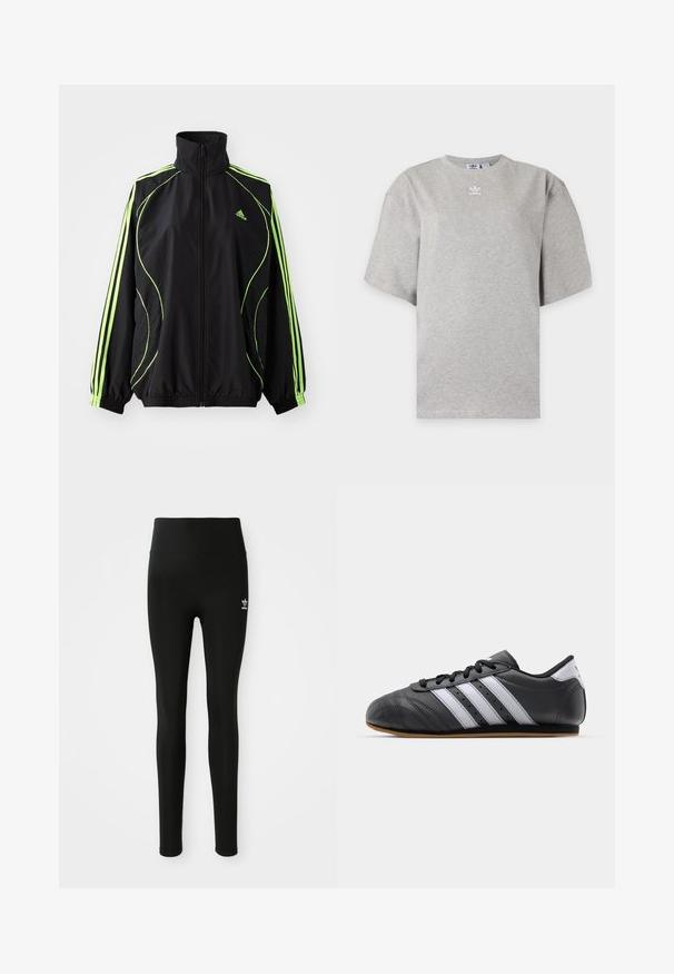 adidas Originals TEAMGEIST ADICOLOR - Kerge jope - black/signal green; Helehall Adidas lühikeste varrukatega t-särk, ümara kaelusega ja väikese valge Adidas logoga rinnal, esitatud lihtsal taustal.; Mustemad elastsed retuusid kõrge vöökoha ja väikese valge Adidas logo'ga vasakul jalal. Sile tekstuur.; Must must harjukets, millel on valged triibud, ümmargune varvas, lame tall ja shoelace sulgemine. Omab perforatsioone hingavuse tagamiseks.