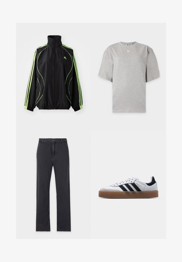 adidas Originals TEAMGEIST ADICOLOR - Ľahká bunda - black/signal green; Svetlosivé tričko Adidas s krátkym rukávom, okrúhlym výstrihom a malým bielym logom Adidas na hrudi, zobrazené na jednoduchom pozadí.; Čierne rovné džínsy s predným gombíkovým a zipsovým zapínaním, pútkami na opasok a klasickým dizajnom s piatimi vreckami, položené na bielom pozadí.; Biele kožené tenisky s čiernymi pruhmi, gumová podrážka, okrúhla špička, šnurovanie a mäkký sivý semišový špička.