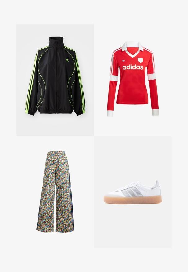 adidas Originals TEAMGEIST ADICOLOR - Overgangsjakke - black/signal green; Rød langærmet fodboldtrøje med hvid krave og manchetter. Har tre hvide striber på skuldrene og "adidas" logoet fremtrædende vist.; Breddebenede blomsterbukser med en blå baggrund, der har et farverigt mønster af røde, gule og blå blomster samt en elastisk talje.; Hvid lavtop-sneaker med gum-gummisål, sølvstribede sideaccents og snørelukning, vist mod en ensfarvet lys baggrund.