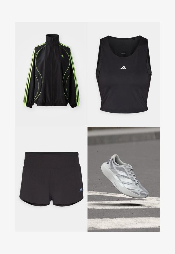 adidas Originals TEAMGEIST ADICOLOR - Ľahká bunda - black/signal green; Čierny športový crop top vyrobený z látky odvádzajúcej vlhkosť, s okrúhlym výstrihom, bez rukávov a bielym logom na hrudníku.; Čierne športové šortky s textúrovaným povrchom, so širokým pásom a svetlomodrým logom Adidas na dolnej ľavej strane.; Svetlosivá a biela bežecká obuv vo vzduchu nad asfaltom s bielymi cestnými značkami, zobrazujúca elegantný dizajn a odpruženú podrážku.