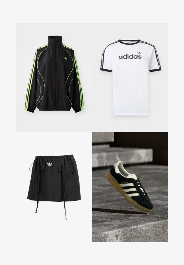 adidas Originals TEAMGEIST ADICOLOR - Übergangsjacke - black/signal green; Weißes Baumwoll-T-Shirt mit schwarzen Akzenten, verfügt über einen Rundhalsausschnitt, kurze Ärmel, drei schwarze Streifen auf den Schultern und das "adidas"-Logo in Schwarz.; Schwarzer Sportrock mit verstellbaren Kordeln, mit einem kleinen weißen Logo auf der Vorderseite. Aus leichtem Stoff mit glatter Textur.; Schwarzer Adidas München Sneaker mit weißen Streifen und brauner Gummisohle, der über strukturierten Betontreppen schwebt.