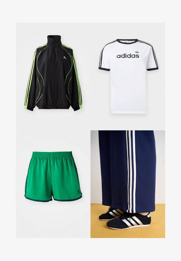 adidas Originals TEAMGEIST ADICOLOR - Chaqueta de entretiempo - black/signal green; Camiseta blanca de algodón con detalles en negro, presenta un cuello redondo, mangas cortas, tres rayas negras en los hombros y el logo "adidas" en negro.; Pantalones cortos deportivos verdes con una textura suave, cinturilla elástica y acentos laterales en verde oscuro. Presentan el logo de Adidas en el dobladillo inferior.; Pantalones de chándal navy con tres rayas verticales blancas y zapatillas deportivas negras con rayas plateadas y una superficie texturizada. Suelo amarillo.