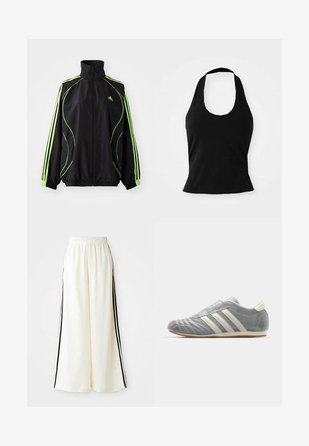 adidas Originals TEAMGEIST ADICOLOR - Ľahká bunda - black/signal green; Čierny top na viazanie za krk vyrobený z jemnej tkaniny, s výstrihom vo forme lulky a priliehavým strihom, hladkej textúry a bez viditeľných vzorov.; Biele široké nohavice s elastickým pásom a čiernymi vertikálnymi pruhmi pozdĺž vonkajších švov.; adidas Originals TAEKWONDO W - Tenisky - silver metallic/off white