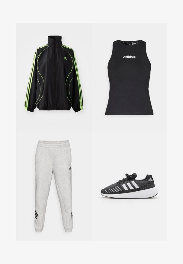 adidas Originals TEAMGEIST ADICOLOR - Übergangsjacke - black/signal green; Schwarzes ärmelloses Oberteil aus Baumwolle mit einem runden Halsausschnitt und dem weißen "adidas"-Logo in der Mitte der Brust. Glatte Textur, normale Passform.; Hellgraue Jogginghose mit einem gerippten elastischen Bund, schmal zulaufenden Beinen und drei schwarzen diagonalen Streifen nahe den Bündchen. Glatte Textur.; Schwarze Sportschuhe mit einer strukturierten Oberseite, einem weißen Drei-Streifen-Design, einer Gummisohle und kontrastierenden weißen Akzenten an der Ferse.