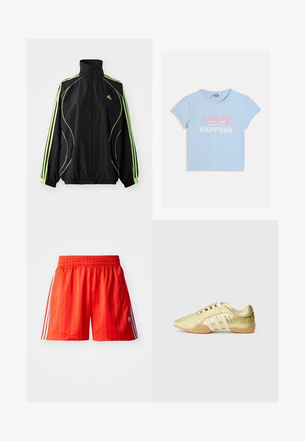 adidas Originals TEAMGEIST ADICOLOR - Ľahká bunda - black/signal green; Svetlomodrý krátky crop top s krátkymi rukávmi, na ktorom je v ružovom graffitovom štýle nápis "COUTURE" nad bielym sloganom "SHIT HAPPENS".; Červené športové šortky s vertikálnymi bielymi pruhmi, elastickým pásom a svetlomodrými akcentmi po stranách. Obsahujú bočné vrecká.; Syntetická športová obuv v limetkovo zelenej farbe s hladkým povrchom, vybavená tromi bielymi pruhmi, mäkkou vnútornou výstelkou a texturovanou gumovou podrážkou.