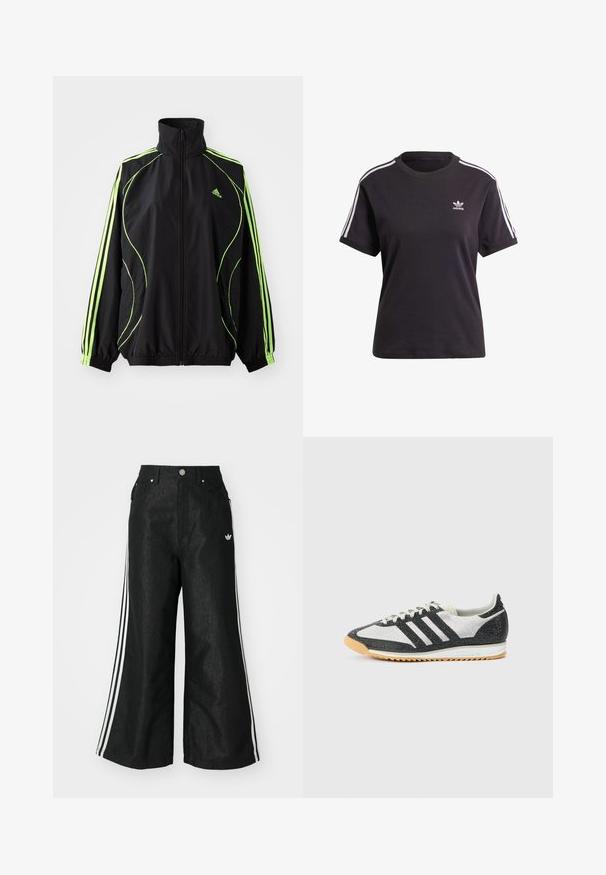 adidas Originals TEAMGEIST ADICOLOR - Ľahká bunda - black/signal green; Čierne bavlnené tričko s krátkym rukávom a okrúhlym výstrihom, s bielymi pruhmi na ramienkach a malým bielym logom Adidas na hrudi.; Čierne džínsy s širokým strihom, s tromi bielymi pruhmi po stranách a malým bielym logom. Obsahujú predné vrecká a zapínanie na gombík.; Čierno-biela športová obuv s sieťovaným zvrškom, tromi čiernymi pruhmi, textúrovanou tkaninou a podrážkou z gumovej gumy.