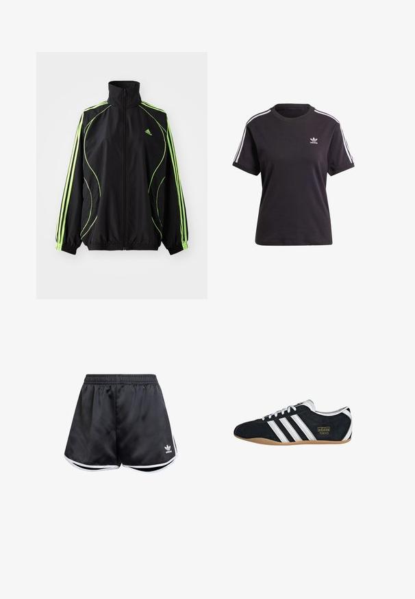 adidas Originals TEAMGEIST ADICOLOR - Kerge jope - black/signal green; Must kõrge kaelusega must puuvillane T-särk lühikeste varrukatega, millel on valged triibud õlgadel ja väike valge Adidas'i logo rinna peal.; Mustad mustad sportlikud lühikesed püksid siledast sünteetilisest materjalist, valgete külgaktsentidega ja all vasakul oleva tikandiga logoga.; Must musta tennisjalanikesed valgete kolme triibuga, kuldse logo ja pruuni kummitaldiga. Omab madalat sidumise disaini.
