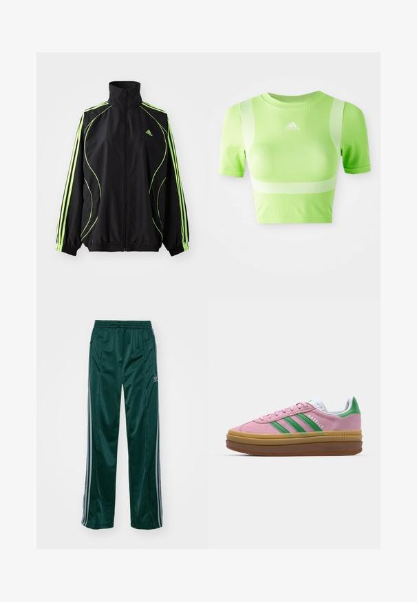 adidas Originals TEAMGEIST ADICOLOR - Kerge jope - black/signal green; Lühenud sportlik särk ere roheline. Omab lühikesi varrukaid, ümarat kaelust ja valget diagonaalriba mustrit õlgadel. adidas logo ees.; Tumedad roheline sportpants, mis on valmistatud läikivast materjalist, külgedel on heledates hallides triipudes ja vasakul jalal on broderdatud logo.; Roosa nahast tossud roheliste triipude, valgete aktsentide ja pruuni kummitaldiga. Omavad tekstuuriga kangast ja logo detaile külgedel.