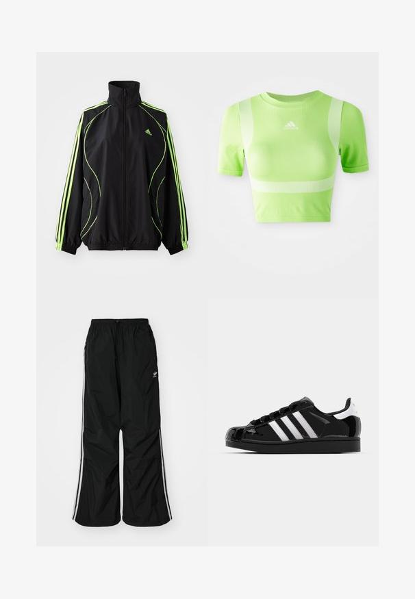 adidas Originals TEAMGEIST ADICOLOR - Ľahká bunda - black/signal green; Zkrátené atletické tričko v jasne zelenej farbe. Má krátke rukávy, okrúhly výstrih a biely diagonálny pruhový vzor na pleciach. Logo adidas na prednej strane.; Čierne vetrovky nohavice s elastickým pásom, šnúrkou na stiahnutie, bielymi bočnými pruhmi, voľným strihom, s malým logom na ľavej strane.; adidas Originals SUPERSTAR II - Tenisky - core black/footwear white/gold metallic