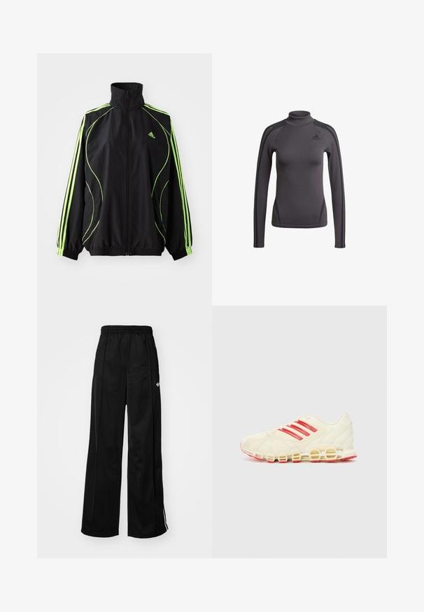 adidas Originals TEAMGEIST ADICOLOR - Ľahká bunda - black/signal green; Sivý dlhý rukáv s vysokým golierom, vyrobený z textúrovanej látky s čiernymi pruhmi na ramenách a logom Adidas na hrudi.; Čierne široké teplákové nohavice s elastickým pásom, s bielymi bočnými pruhmi a malým logom na ľavom boku. Hladký textil.; Športová obuv s krémovo bielym zvrškom, červenými pruhmi na boku a charakteristickou slučkovou podrážkou; sieťovina zabezpečuje priedušnosť.