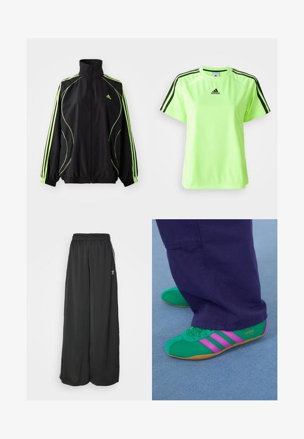 adidas Originals TEAMGEIST ADICOLOR - Kerge jope - black/signal green; Neoon roheline spordipaita, mis on valmistatud niiskust eemaldasest kangast. Omab musta kolmega triibuga disaini õlgadel ja logo, mis on keskel rinnal.; Mustad, vabalt langevad spordipüksid, mis on valmistatud siledast kangast. Omab elastset vöökoht ja külgedel triibusid koos logo aktsentidega.; Rohelised ja lillad sametist spordijalatsid kolme triibuga kaunistatud ning kummist tallaga, kombineerituna lillade pükstega pehmest sinisest pinnast.