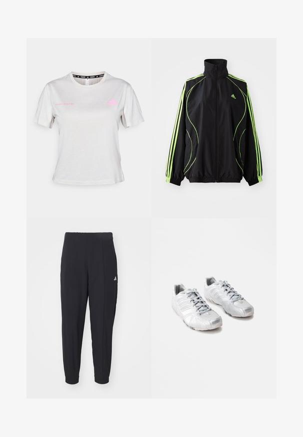 adidas Originals TEAMGEIST ADICOLOR - Veste mi-saison - black/signal green; T-shirt gris clair à manches courtes avec un col rond, "ADIDAS RUNNING" imprimé en rose, avec le logo Adidas rose sur la poitrine. Texture de tissu doux.; Pantalons de sport noirs en tissu lisse. Design ajusté avec des poignets élastiques. Présente un petit logo blanc sur la hanche gauche.; Baskets de sport argentées avec une texture lisse et brillante ; design courbé ; lacets gris ; semelles en caoutchouc avec motifs de traction ; bout arrondi.