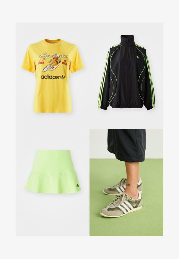 adidas Originals TEAMGEIST ADICOLOR - Ľahká bunda - black/signal green; Žlté bavlnené tričko s grafikou bicykla, textom "Cyclone" a logom Adidas umiestneným na spodnej časti. Krátke rukávy.; adidas Originals SKIRT - Minisukňa - signal green; Zelené a šedé tenisky so tromi bielymi prúžkami, z alcantary a sieťoviny, nízkoprofilový dizajn a označenie logom. Štandardná gumová podrážka.