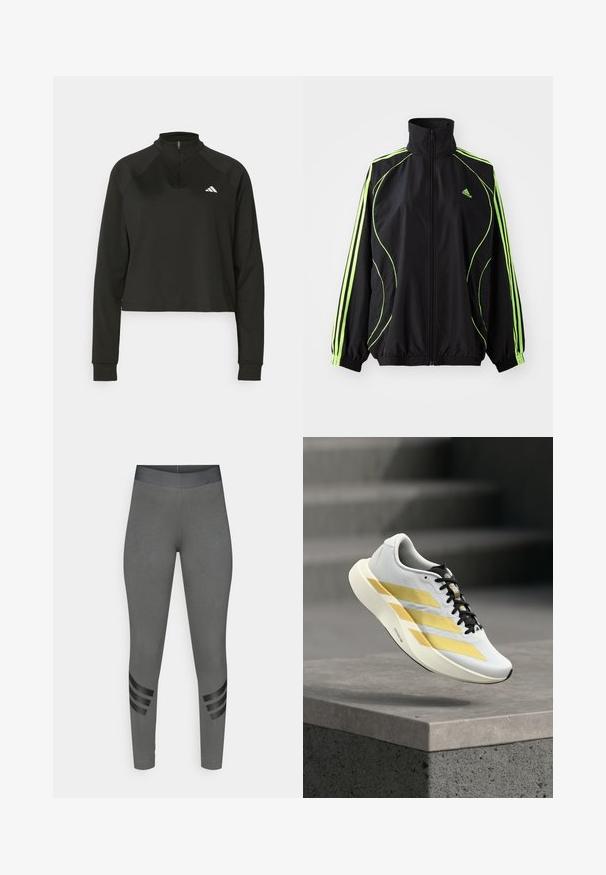 adidas Originals TEAMGEIST ADICOLOR - Chaqueta de entretiempo - black/signal green; Sudadera negra de media cremallera hecha de tela suave, con mangas largas, que cuenta con un cuello alto y un logo blanco en el lado izquierdo del pecho.; Leggings grises con una textura suave, cintura alta elástica y detalles de rayas negras en la parte inferior de las piernas.; Zapatilla deportiva blanca con rayas doradas y cordones negros, flotando sobre un saliente de hormigón gris con escalones desenfocados al fondo.
