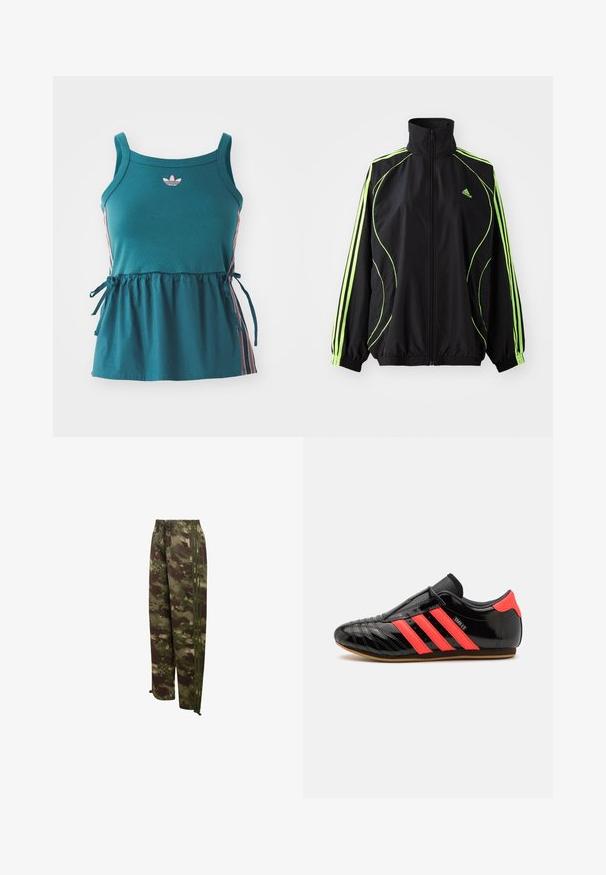 adidas Originals TEAMGEIST ADICOLOR - Jas - black/signal green; Cyan mouwloze top met geplooide taille, roze zijkanten en geborduurd logo. Gemaakt van zachte stof met een losse pasvorm en strikaccenten.; Loszittende camouflagebroek met elastische tailleband, trekkoord, zijstrepen en verstelbare enkelveters.; Zwarte sportschoenen met drie horizontale roze strepen, slank ontwerp, gladde lakleren bovenkant, rubberen zool, textuurdetails in de stiksels.
