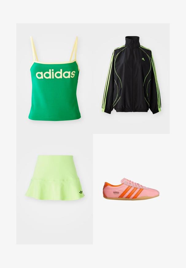 adidas Originals TEAMGEIST ADICOLOR - Ľahká bunda - black/signal green; Zelený tank top s žltými akcentmi, vyrobený z elastického materiálu. Má veľké žlté logo "adidas" na prednej strane a tenké ramienka.; adidas Originals SKIRT - Minisukňa - signal green; Ružová sneakerka s oranžovými akcentmi, s tromi pruhmi, textúrovaným materiálom, šnurovaním vpredu a gumovou podrážkou. Branding na boku.
