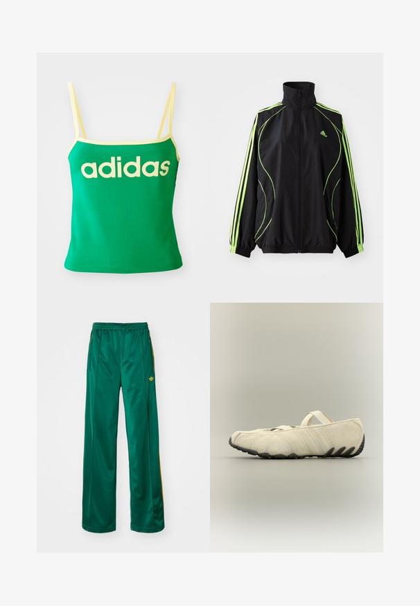 adidas Originals TEAMGEIST ADICOLOR - Ľahká bunda - black/signal green; Zelený tank top s žltými akcentmi, vyrobený z elastického materiálu. Má veľké žlté logo "adidas" na prednej strane a tenké ramienka.; Zelené saténové športové nohavice s voľným strihom, s žltými pruhmi a vyšitým logom na ľavej strane. Elastický pás.; Béžová mäkká textilná slip-on obuv s tenkým elastickým pásikom a čiernou textúrovanou podrážkou, zobrazená z boku na neutrálnom pozadí.