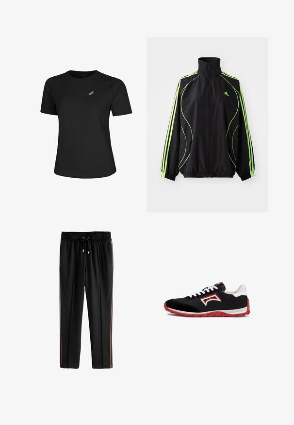 adidas Originals TEAMGEIST ADICOLOR - Overgangsjakke - black/signal green; Sort atletisk T-shirt lavet af glat stof, med rund halsudskæring og korte ærmer. Indeholder et reflekterende logo på venstre front.; Next PETITE - Træningsbukser - black; Sort atletiksko med hvide snørebånd, rød sål og rød-hvidt logo på siden, vist i profil mod højre på hvid baggrund.