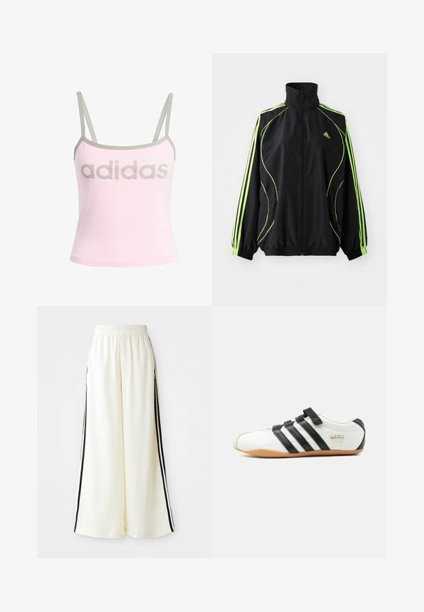 adidas Originals TEAMGEIST ADICOLOR - Kerge jope - black/signal green; Hele roosa tank top hallide ääred ja reguleeritavad spagett-rihmad, millel on suur keskel hall "adidas" logo. Puuvillane materjal.; Valged laiad püksid, millel on elastne vöökoht ja mustad vertikaalsed triibud välisseintel.; Valge Adidas Tokyo tennari mustade triipude, mustade takjakinnitustega ja kummist tallaga, näidatud küljelt valgel taustal.