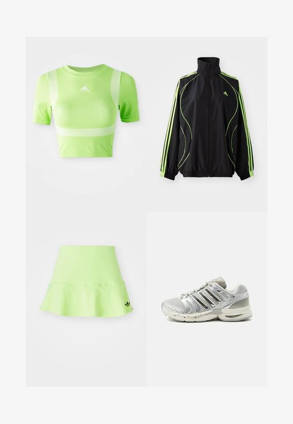 adidas Originals TEAMGEIST ADICOLOR - Välikausitakki - black/signal green; Urheilullinen lyhythihainen paita kirkkaan vihreästä kankaasta. Ominaisuudet: lyhyet hihat, pyöreä kaula-aukko ja valkoinen vinoraitakuviotus harteilla. adidas-logo edessä.; adidas Originals SKIRT - Minihame - signal green; Vaaleanharmaa verkkokankainen ja synteettinen juoksukenkä, jossa on pehmustettu pohja ja metallinhohtoiset hopeanväriset sivuraidat, kuvattuna ulkopuolelta.