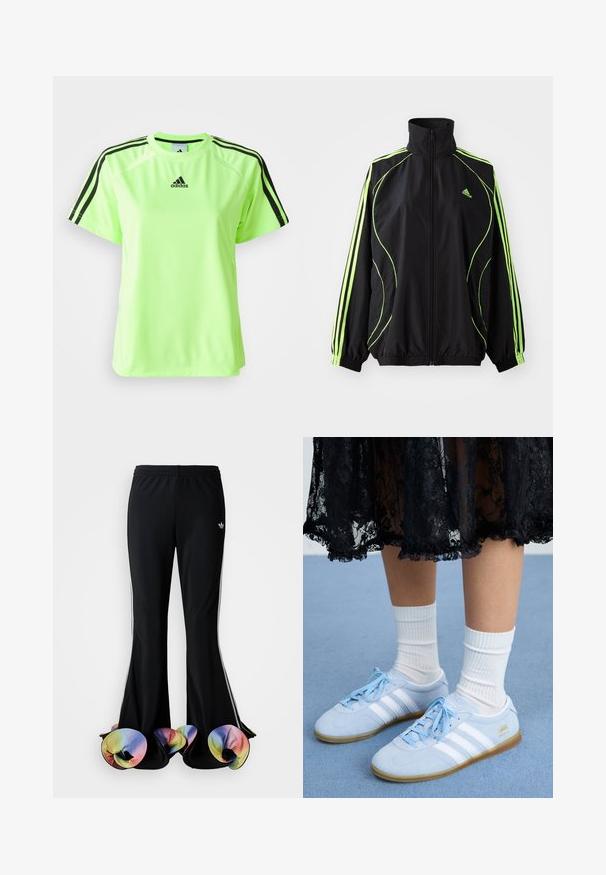 adidas Originals TEAMGEIST ADICOLOR - Overgangsjakke - black/signal green; Neon grøn atletisk t-shirt lavet af svedtransporterende stof. Har et sort tre-stripes design på skuldrene og logoet centreret på brystet.; Sorte træningsbukser med en bred flared design. Har farverige, flæset nederste kanter og hvide sidelister. Lavet af strækstof.; Lyseblå sneakers med hvide striber og hvide sokker, båret med en sort blondekjole, på en blå tæppeoverflade.