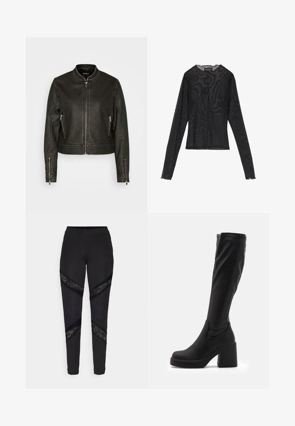 Sort faux læderjakke med rund krave, lynlås foran og to lynlåslommer på siden. Designet med en cropped pasform og syninger.; Sort langærmet bluse lavet af gennemsigtigt stof, med rund halsudskæring, knaplukning foran og bølgede kanter ved ærmerne.; Sorte leggings med trekantede udskæringer accentueret med sort blonde i siderne, lavet af et strækbart stof med en tætsiddende pasform.; Sorte knæhøje støvler lavet af glat syntetisk materiale, med en tyk blokhæl og strømlinet design med elastisk top.