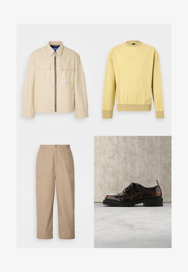 Beige Jacke mit einem Frontreißverschluss, zwei Brusttaschen und einem kleinen Markenetikett. Hergestellt aus einem glatten, leichten Stoff.; Hellgelbes Sweatshirt mit Rundhalsausschnitt und langen Ärmeln, gerippte Bündchen und Saum, dezentes Logo auf der Brustmitte.; Beige, leichte Baumwollhosen mit gefaltetem Vorderteil, Knopfverschluss und geradem Bein, die eine glatte Textur und keine sichtbaren Muster aufweisen.; Glänzender brauner Lederschuh mit dicker schwarzer Sohle und einzigartiger Schnürung, platziert auf beigem Teppich neben abgerundeten orangenen Möbeln.