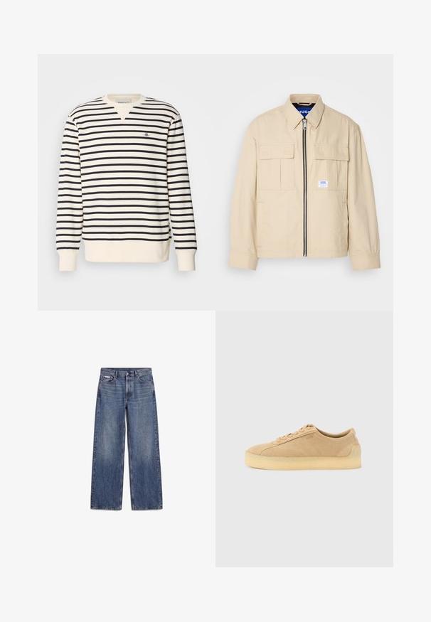 Beige jakke med lynlås foran, to brystlommer og en lille brandingetiket. Fremstillet af et glat, let materiale.; Langærmet sweatshirt med V-udskæring. Har skiftevis marineblå og cremefarvede striber samt et lille broderet logo på brystet. Udført i en bomuldsblanding.; Blå straight-leg denimjeans med frontlommer, bæltestropper og knaplukning, lagt fladt på en hvid baggrund.; Beige ruskind lavtop-sneaker med tyk gummsål, snørebånd foran og diskret branding på siden på en ensartet lys grå baggrund.